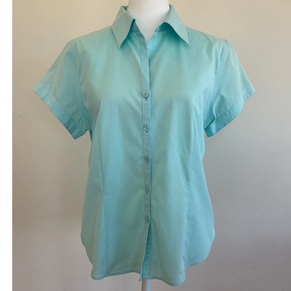 Talbots Petites Mint Blue Short Sleeve Button Down Shirt Wrinkle Resistant 10P
